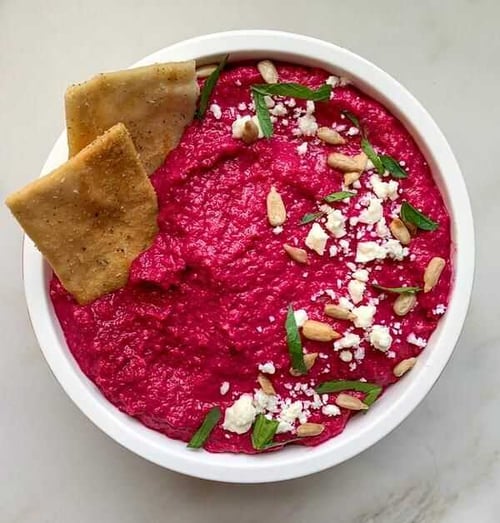Snacks like roasted beet hummus allow you to always have a vegan-friendly snack in between meals