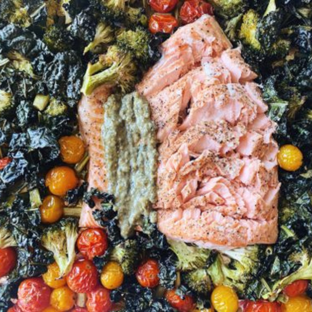 Sheet Pan Salmon With Veggies & Pesto