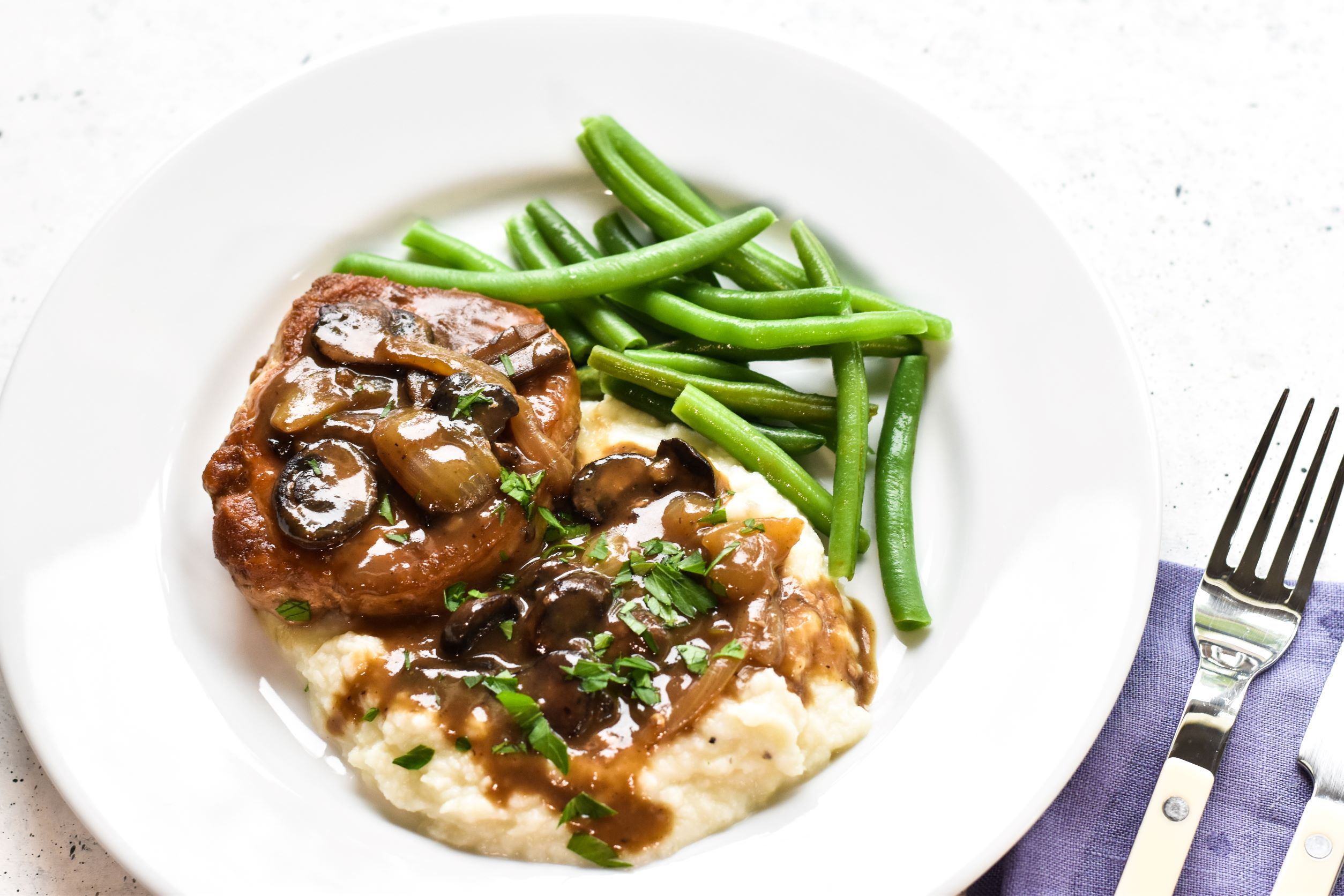 Pork Chops with Mushroom Gravy and String Beans