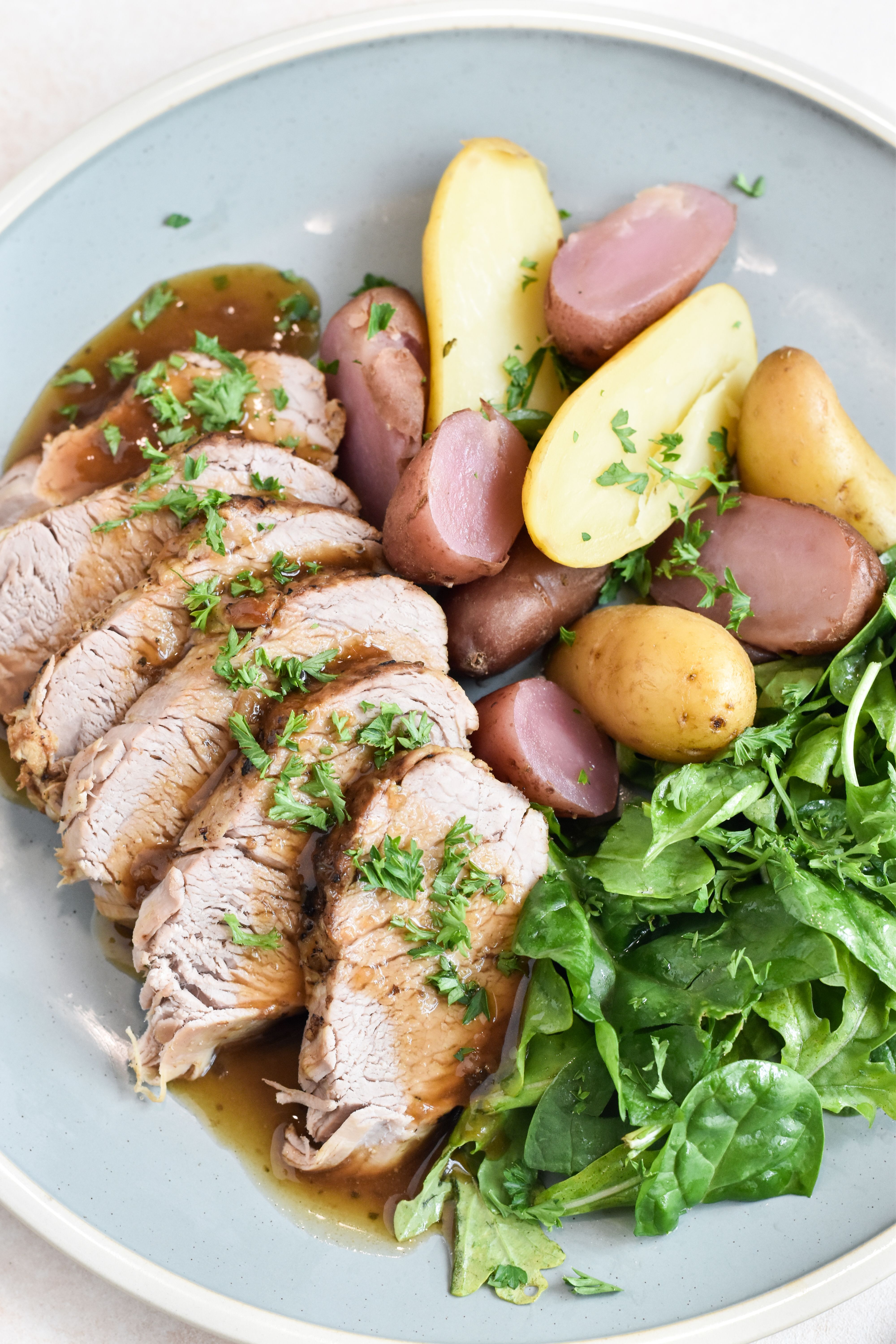 Slow Cooked Garlic Pepper Pork Loin with Baby Potatoes