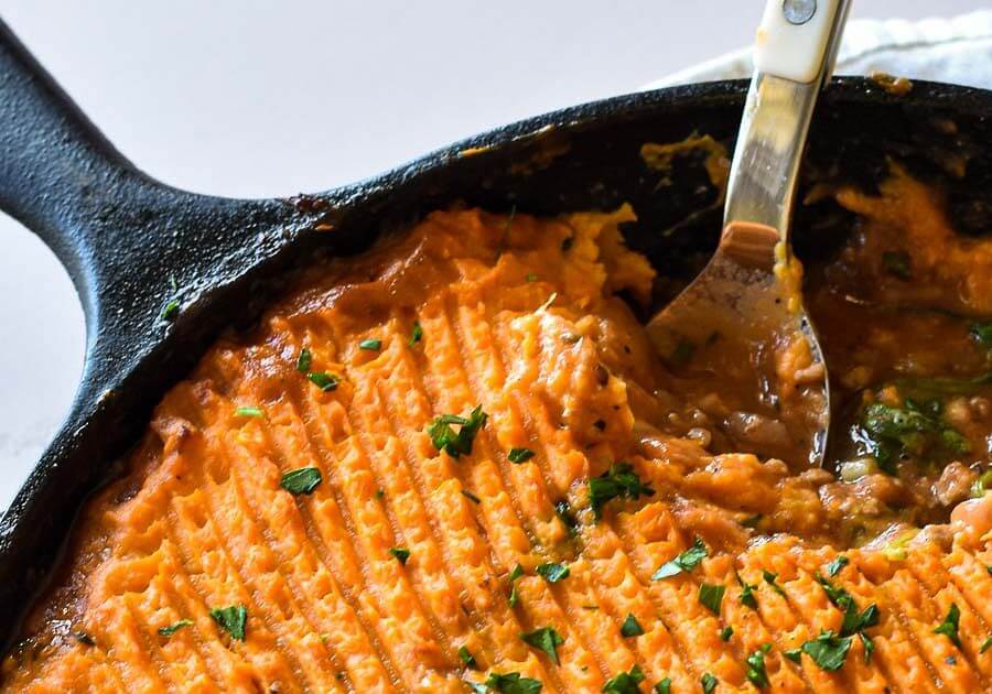 shepherds pie with fork in skillet